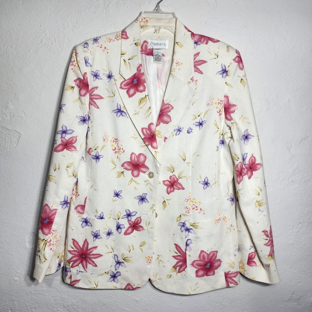 Chadwicks Floral Blazer 12 Linen Cotton White Pink Purple Vintage Career‎ Coat